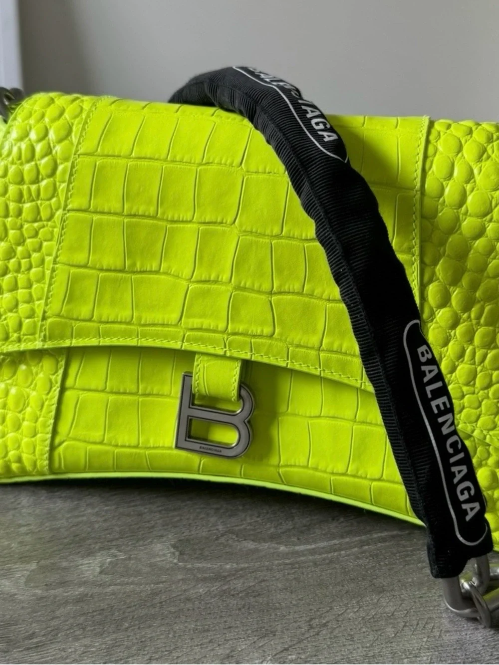 Balenciaga Neon Green Croc-Embossed Letter B Shoulder Bag